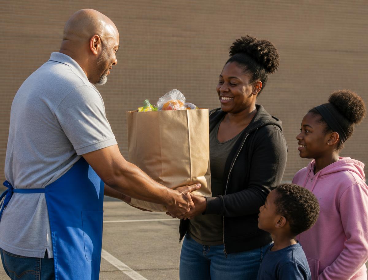 A volunteer handing a bag of groceries to a family
